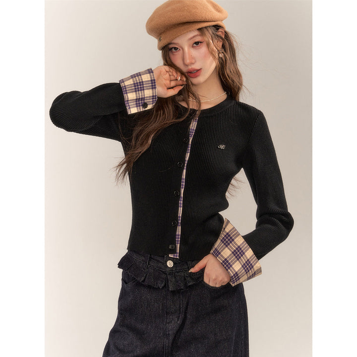 AsGony Retro Plaid Patchwork Slim Knit Cardigan Black