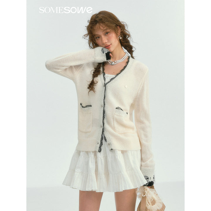 SomeSowe Color Blocked Lace Edge Knit Cardigan White