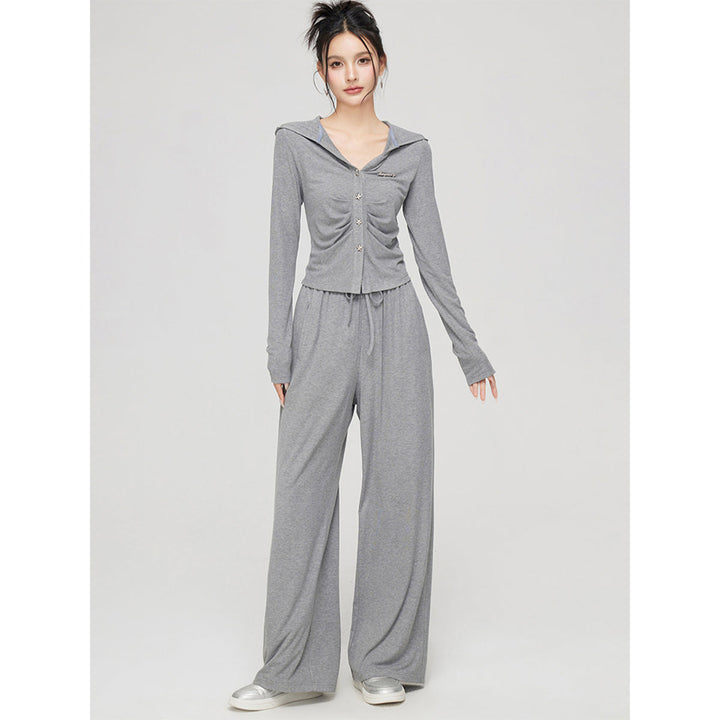 MacyMccoy Pleated Draped Knit Short Top And Wide-Leg Pants Set Gray