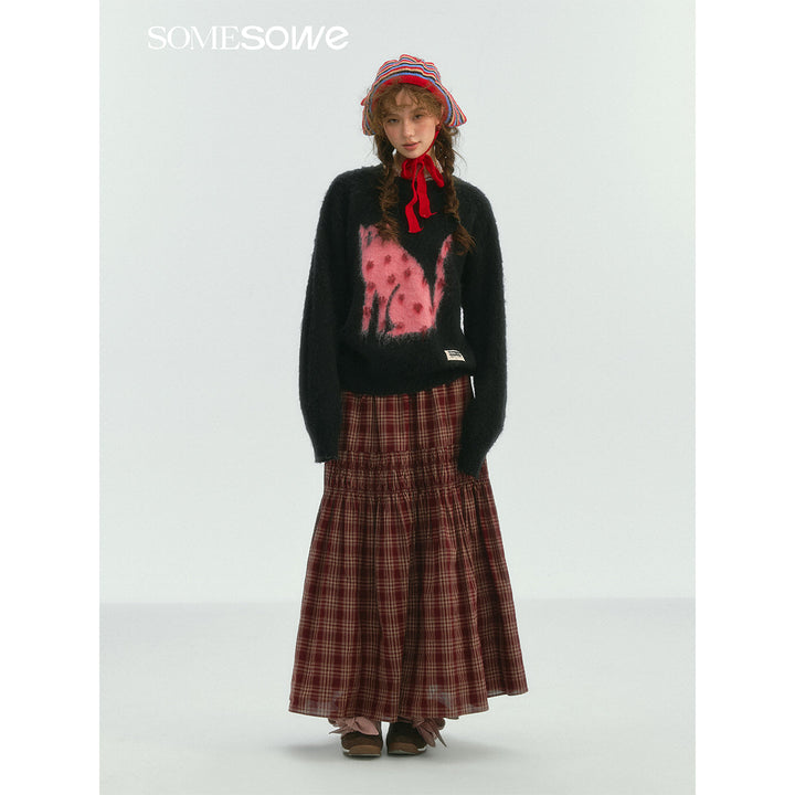 SomeSowe Lace Edge Plaid Drawstring Long Skirt Red