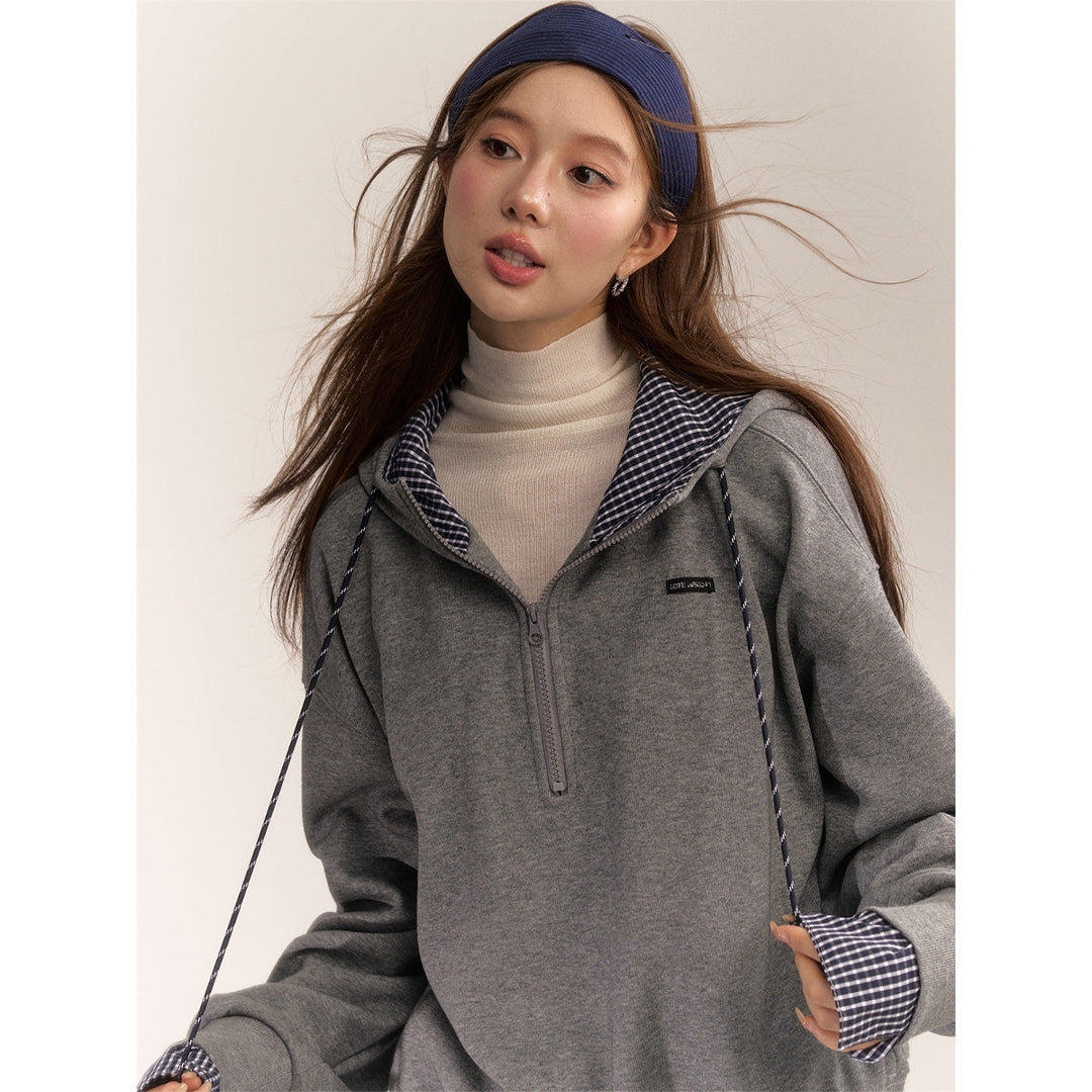 AsGony Fake-2-Piece Plaid Patchwork Casual Hoodie Gray