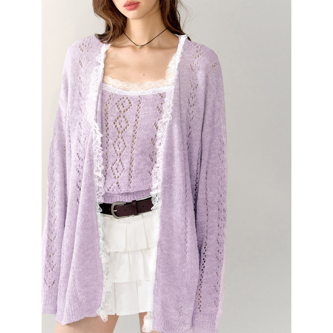 AsGony Lace Edge Hollow Cutting Knit Slip Vest Purple