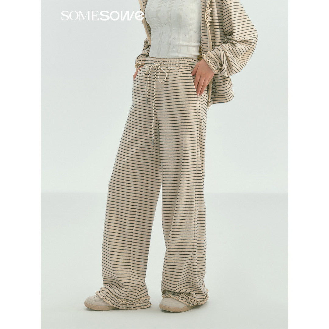 SomeSowe Soft Striped Ruffled Casual Pants White