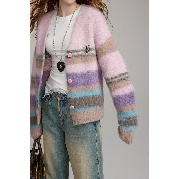 Via Pitti Pulled Fur Colored Striped Knit Cardigan Pink