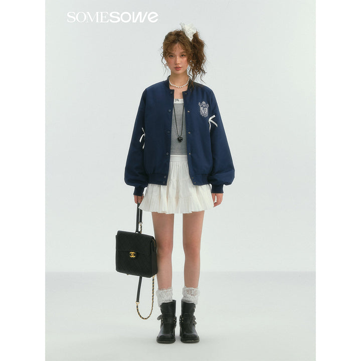 SomeSowe Bow Badge Casual Baseball Jacket Navy Blue