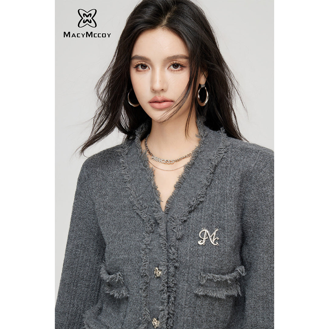 MacyMccoy Logo Destroyed Tassel Knit Cardigan