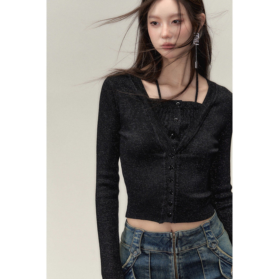 Via Pitti Fake-2-Piece Shiny Short Knit Top Black - Mores Studio