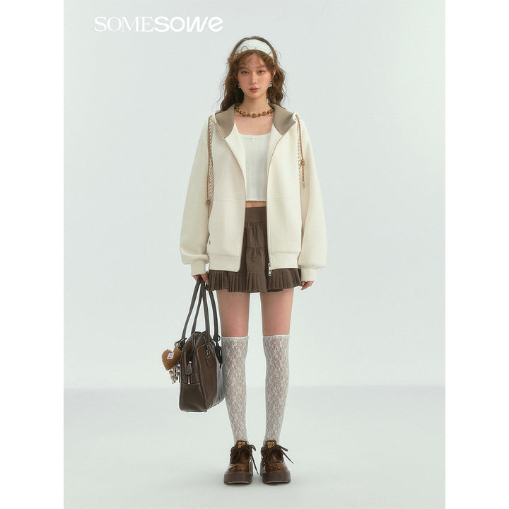 SomeSowe Contrast Color Drawstring Zip Up Hoodie Beige