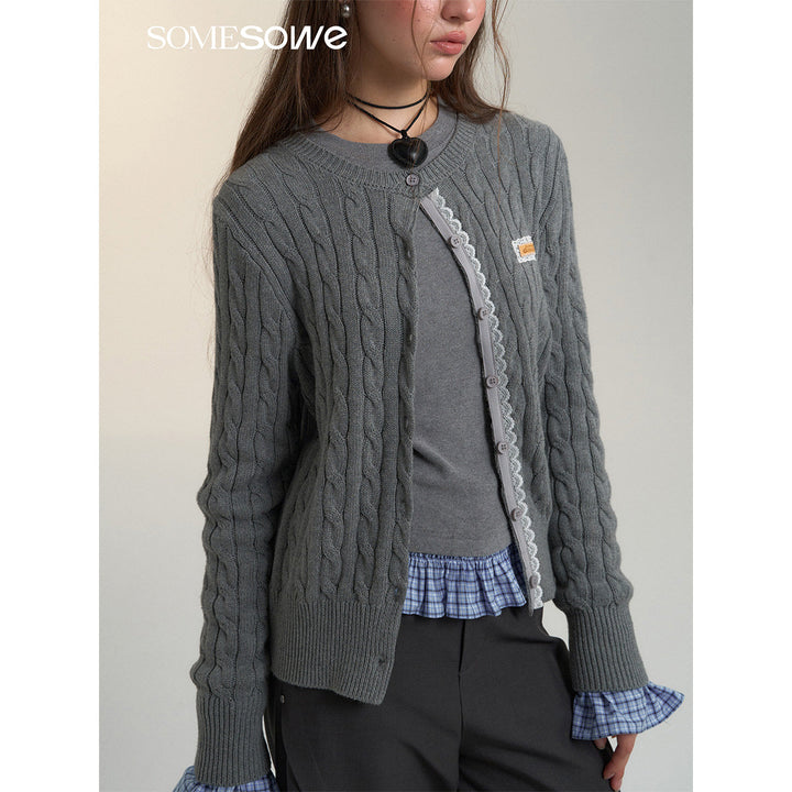 SomeSowe Lace Patchwork Twist Knit Cardigan Gray