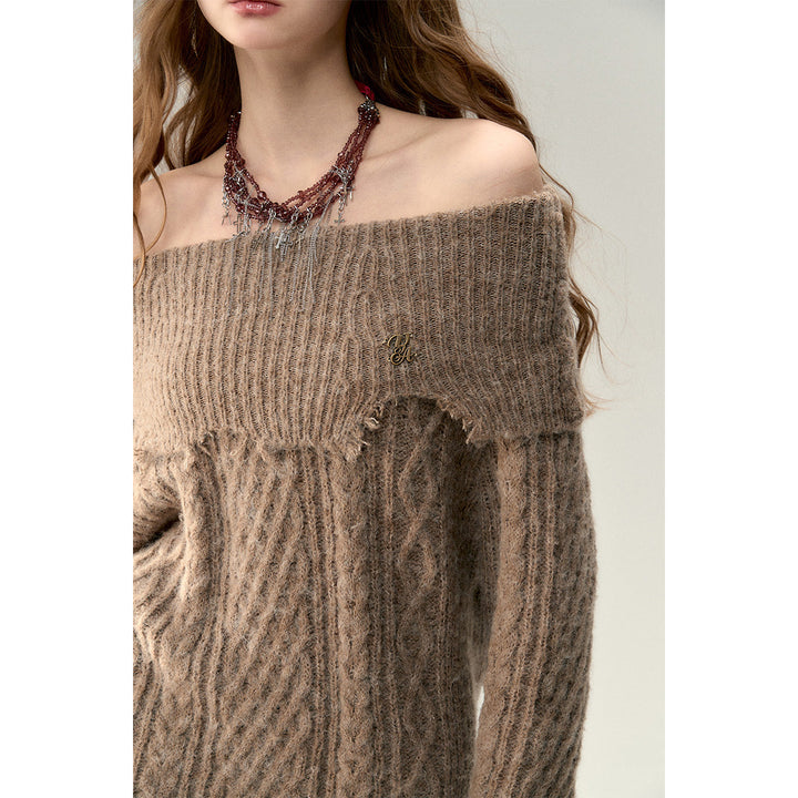 Via Pitti Destroy Cutting Off-Shoulder Knit Sweater Dress Khaki - Mores Studio