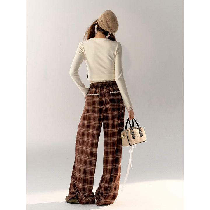 AsGony Retro Plaid High Waist Wide-Leg Pants Brown