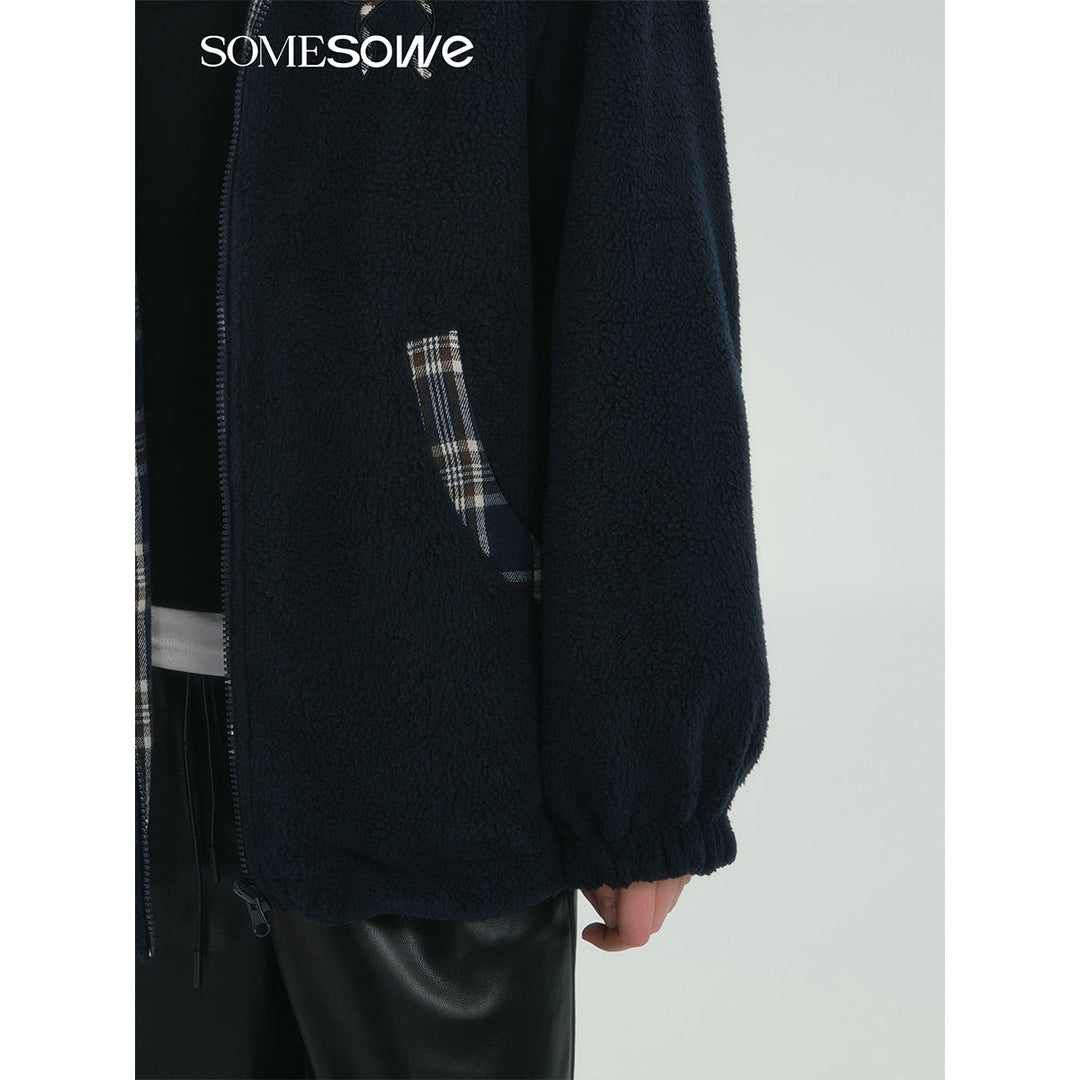 SomeSowe Reversible Plaid Fleece Jacket Navy Blue