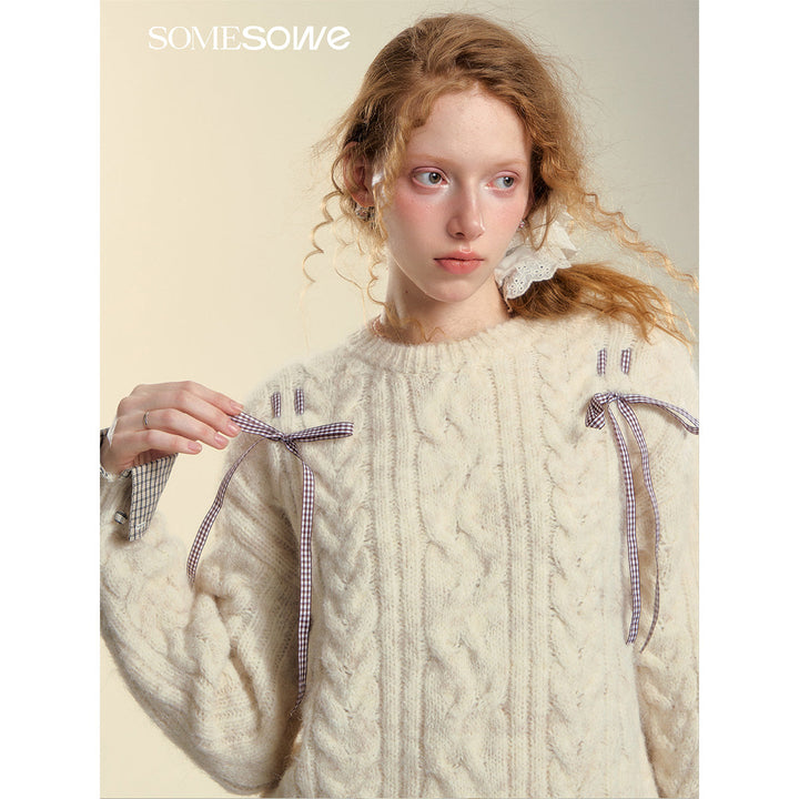 SomeSowe Plaid Drawstring Knit Sweater Beige