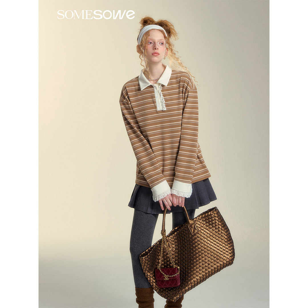 SomeSowe Lace Edge Striped Long Sleeve Polo Top Brown