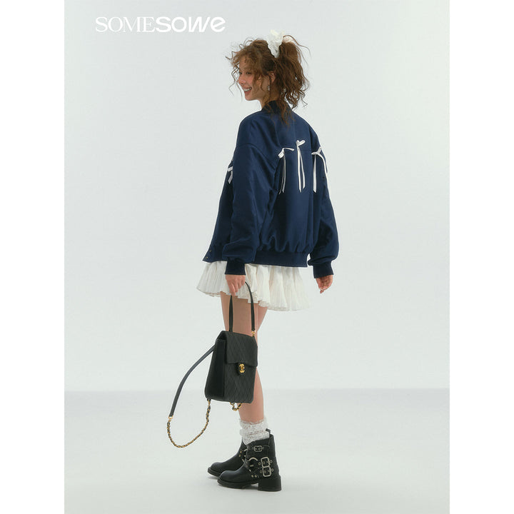 SomeSowe Bow Badge Casual Baseball Jacket Navy Blue