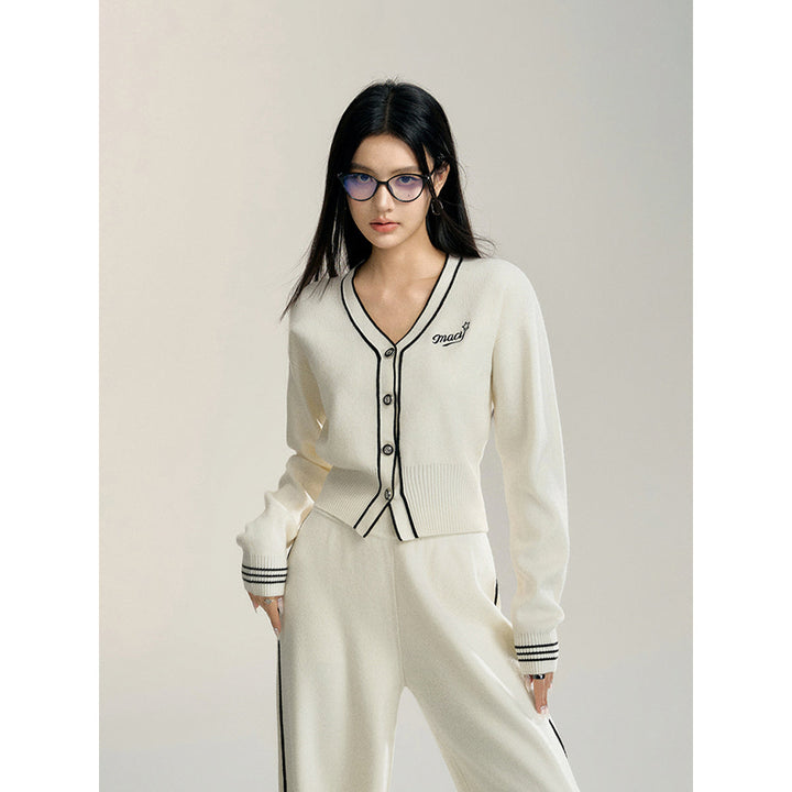 MacyMccoy Color Blocked V-Neck Knit Cardigan Casual Pants Set White