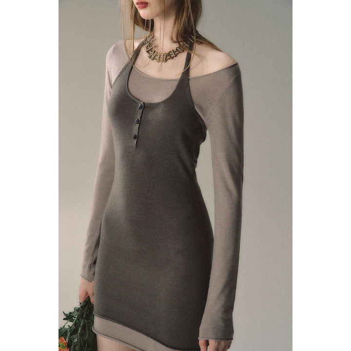 Via Pitti Color Blocked Halterneck Knit Dress Grey - Mores Studio