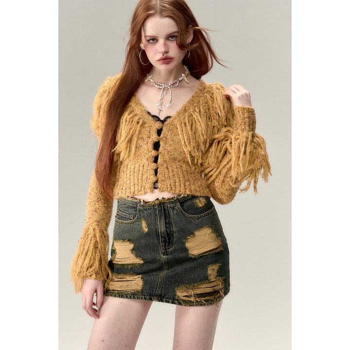 Via Pitti Heavy Tassel Knit Cardigan Yellow - Mores Studio