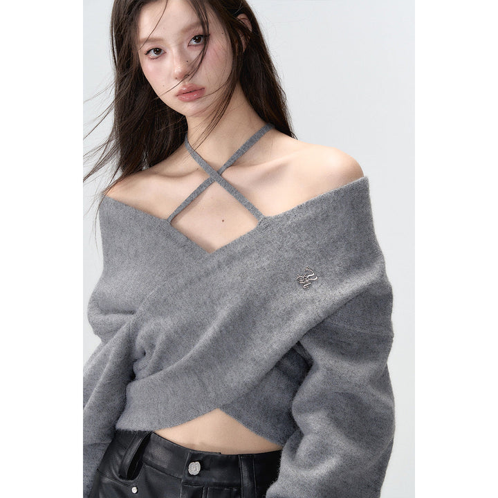 Via Pitti Halter Straps Crossed Knit Top Grey - Mores Studio