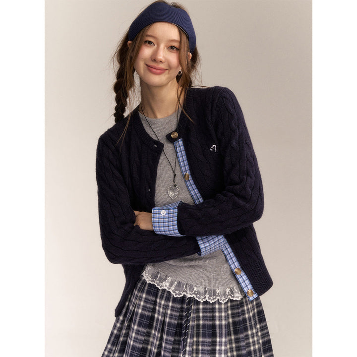 AsGony Blended Woolen Plaid Patchwork Knit Cardigan Navy Blue