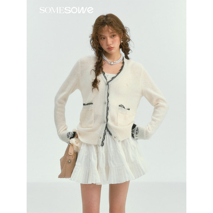 SomeSowe Color Blocked Lace Edge Knit Cardigan White