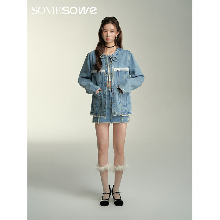 SomeSowe Lace Patchwork Denim Jacket Blue