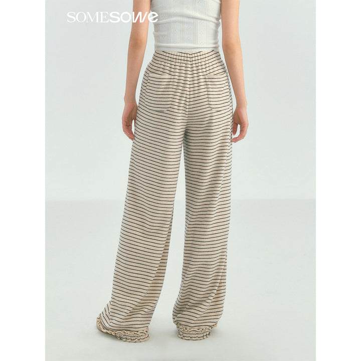 SomeSowe Soft Striped Ruffled Casual Pants White