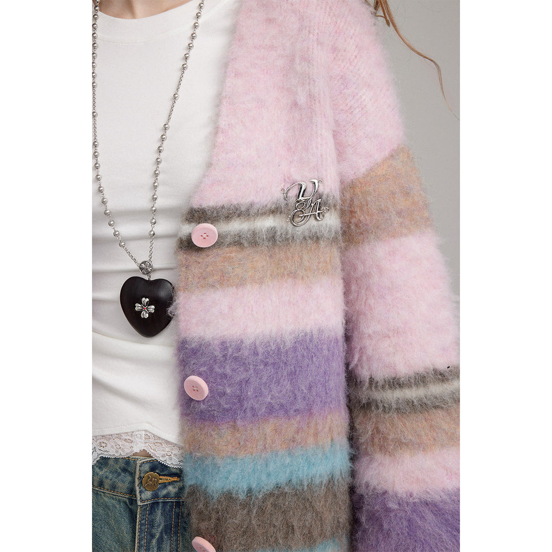 Via Pitti Pulled Fur Colored Striped Knit Cardigan Pink