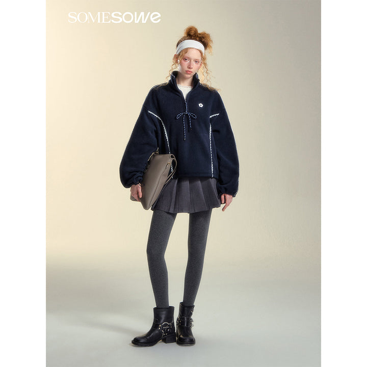 SomeSowe Lace Patchwork Fleece  Sweatshirt Navy Blue