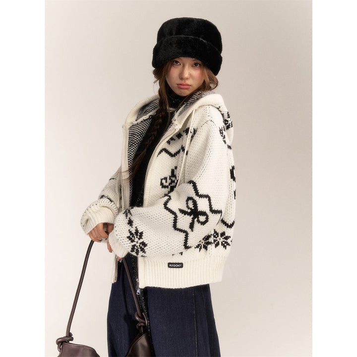 AsGony Fair Isle Moose Jacquard Retro Hooded Knit Cardigan White