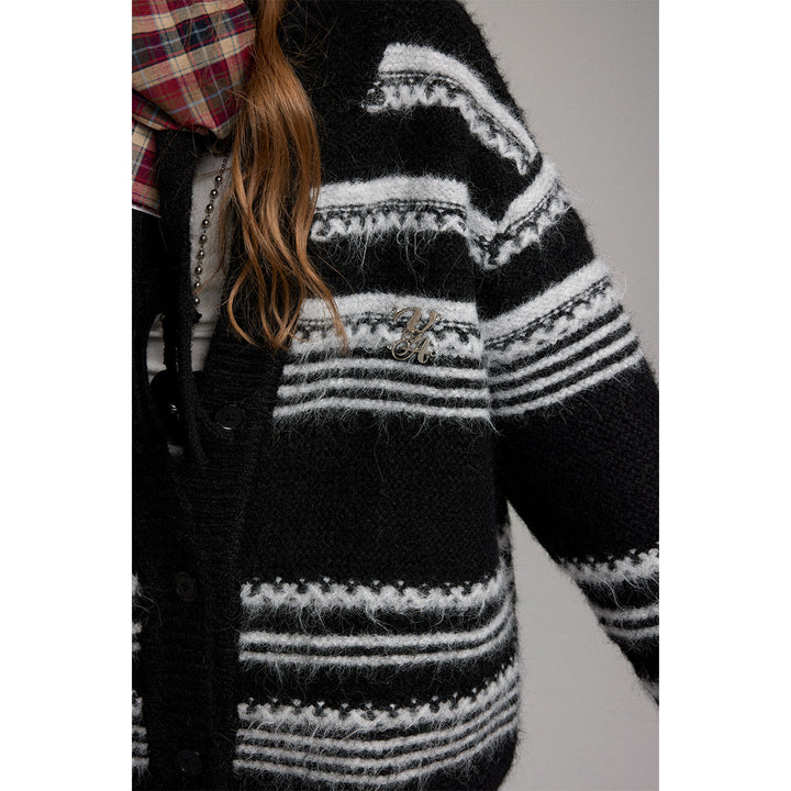 Via Pitti Striped Hooded Woolen Thicken Cardigan Black