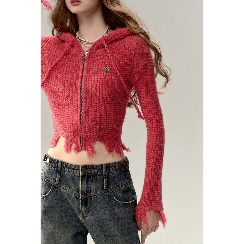 Via Pitti Destroy Cutting Waffle Knit Cardigan Red - Mores Studio