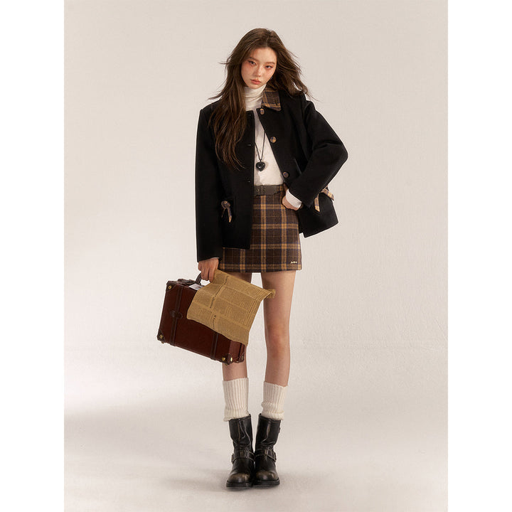 AsGony Retro Plaid High Waist Tweed Skirt Brown