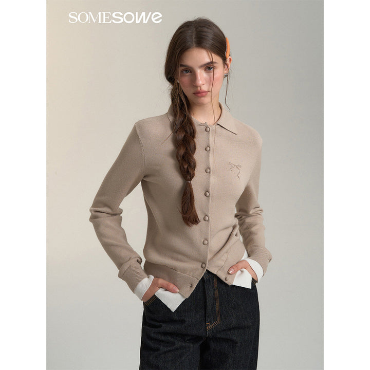 SomeSowe Fake-2-Piece Bow Knit Polo Cardigan Khaki