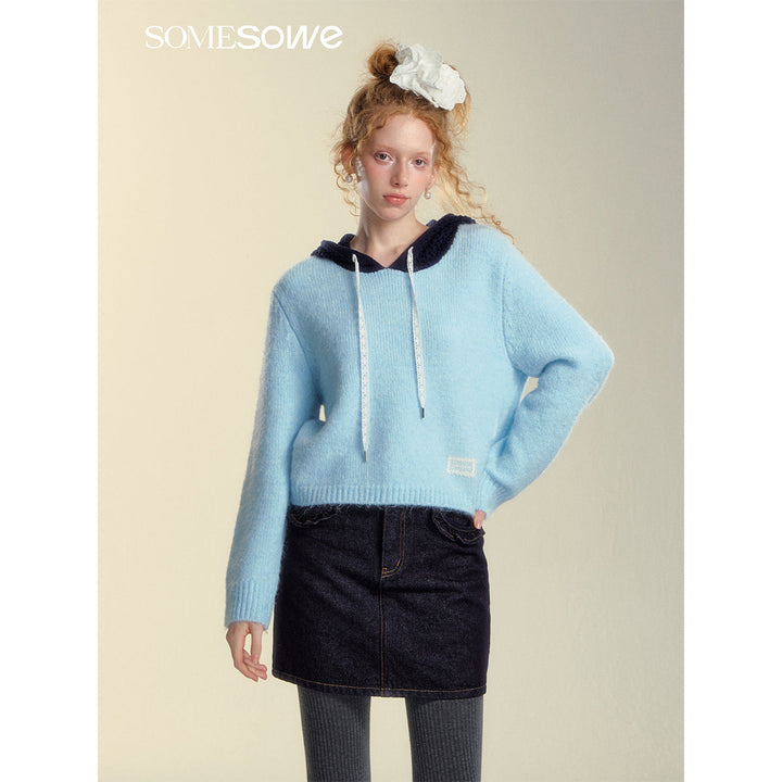 SomeSowe Hollow Out Hooded Knit Sweater Light Blue