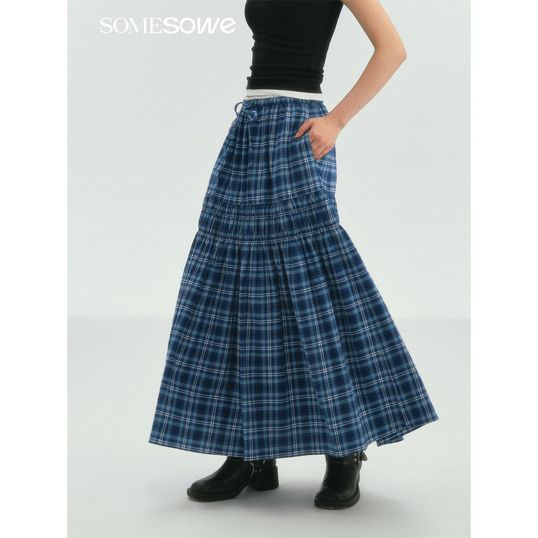 SomeSowe Lace Edge Plaid Drawstring Long Skirt Blue