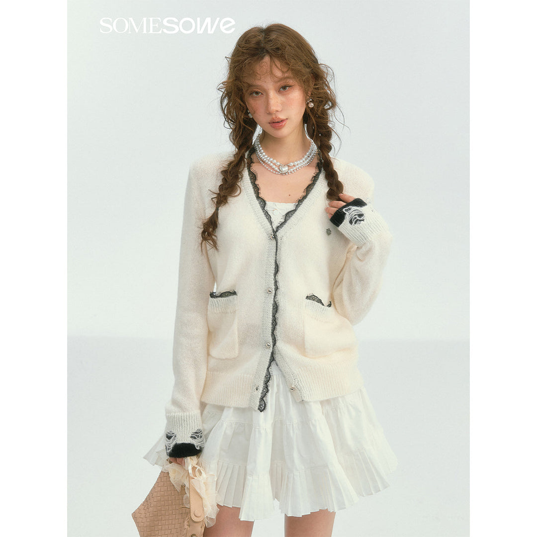 SomeSowe Color Blocked Lace Edge Knit Cardigan White