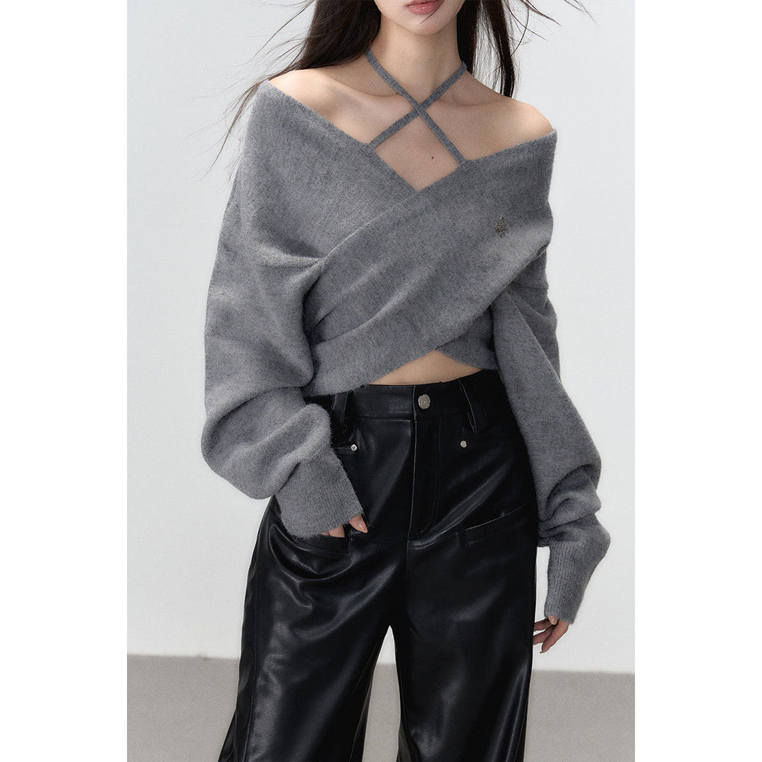 Via Pitti Halter Straps Crossed Knit Top Grey - Mores Studio