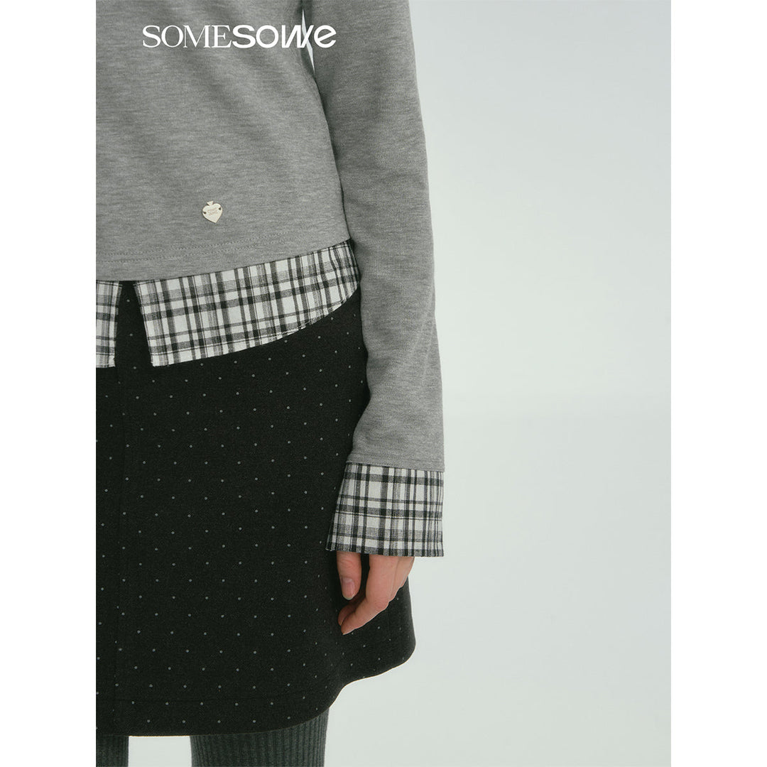 SomeSowe Plaid Patchwork Long Sleeve Polo Top Gray