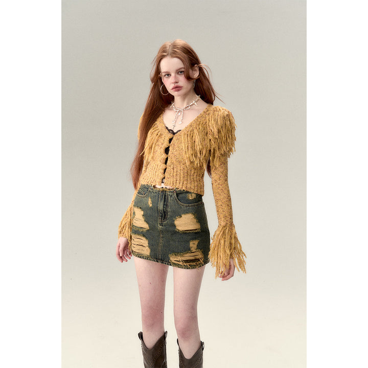 Via Pitti Heavy Tassel Knit Cardigan Yellow - Mores Studio