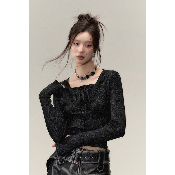 Via Pitti Fake-2-Piece Shiny Short Knit Top Black - Mores Studio