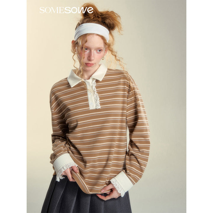 SomeSowe Lace Edge Striped Long Sleeve Polo Top Brown