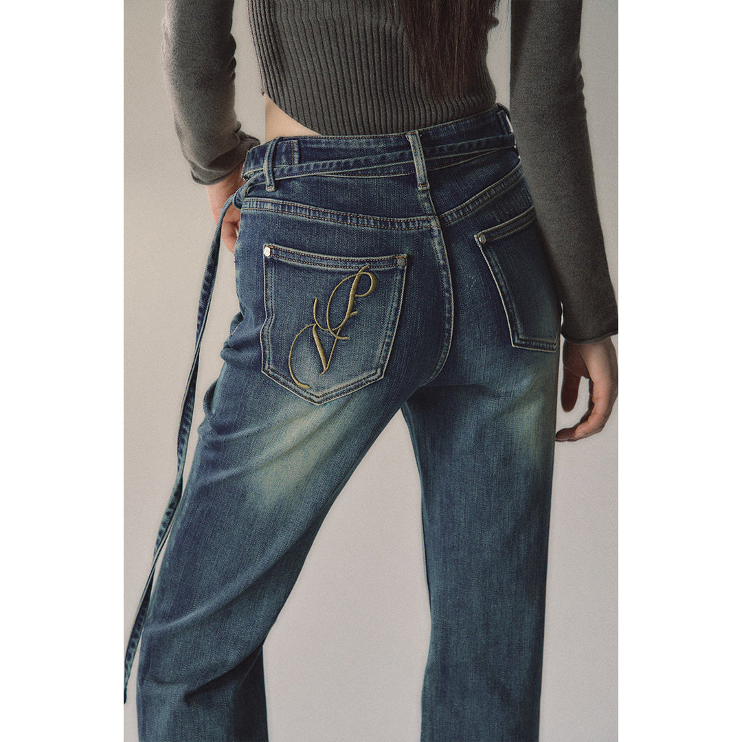 Via Pitti Rose Belt Flare Jeans Blue - Mores Studio