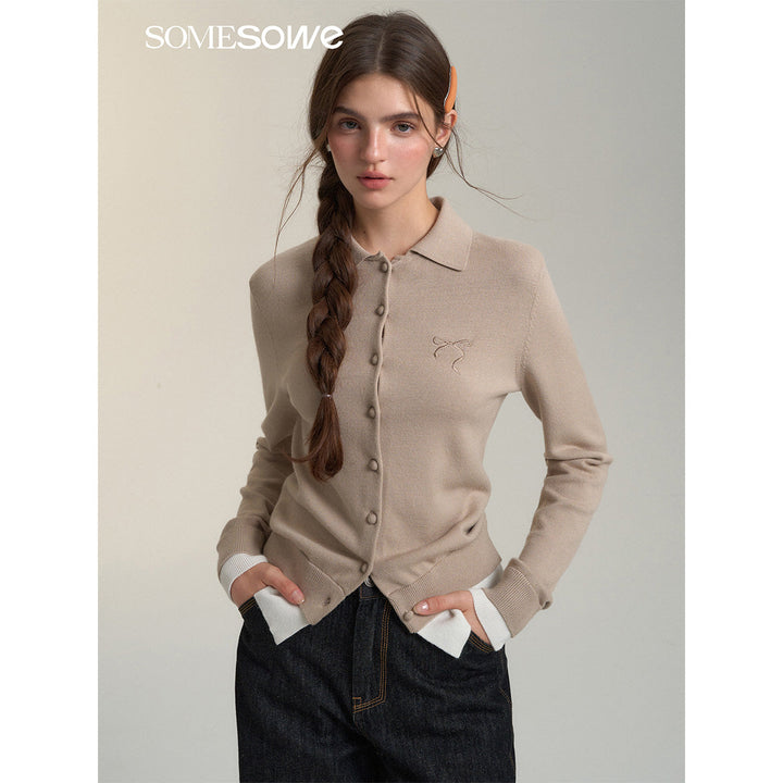 SomeSowe Fake-2-Piece Bow Knit Polo Cardigan Khaki