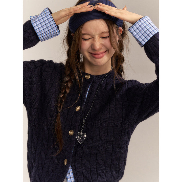 AsGony Blended Woolen Plaid Patchwork Knit Cardigan Navy Blue