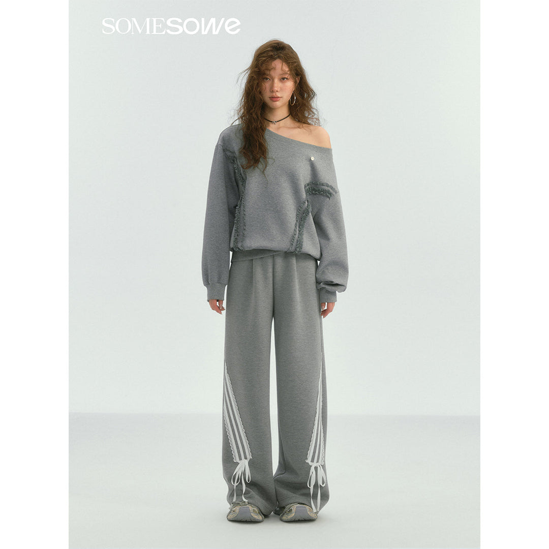 SomeSowe Lace Patchwork Bow Casual Pants Gray