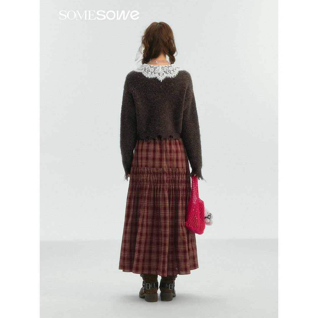 SomeSowe Lace Doll Collar Destroyed Cardigan Dark Brown