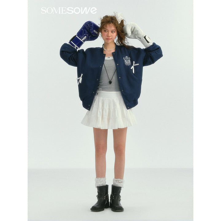 SomeSowe Bow Badge Casual Baseball Jacket Navy Blue