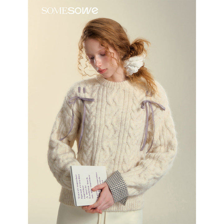 SomeSowe Plaid Drawstring Knit Sweater Beige