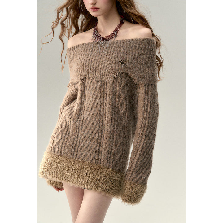 Via Pitti Destroy Cutting Off-Shoulder Knit Sweater Dress Khaki - Mores Studio